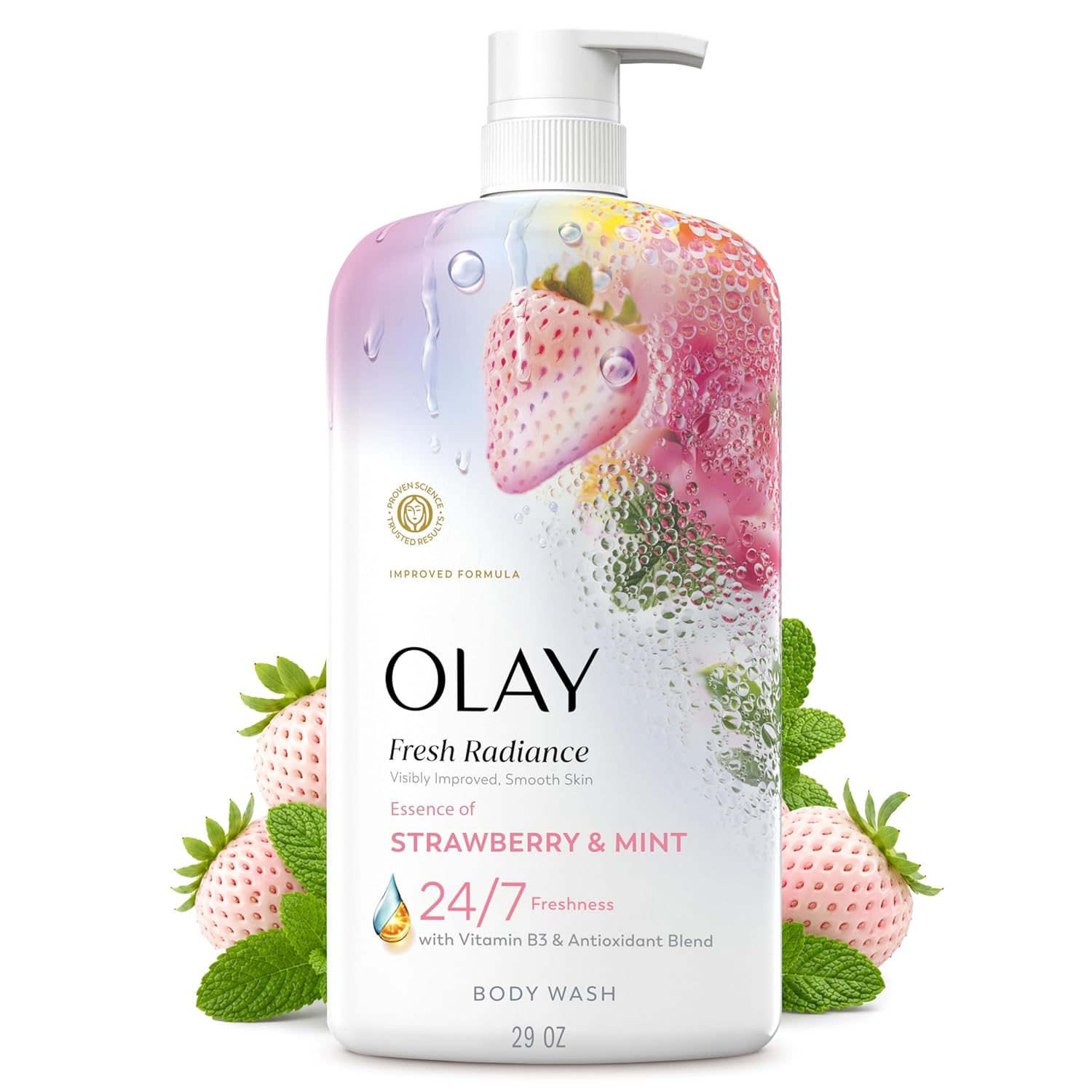 Olay Women's Body Wash: Fresh Radiance with Strawberry Mint Scent Olay Body Wash for Women, Fresh Radiance, 24/7 Skin-Loving Freshness, Visibly Radiant, Plant Based Cleansers, Vitamin B3 & Antioxidant Blend, For All Skin Types, Strawberry & Mint Scent, 29 fl oz