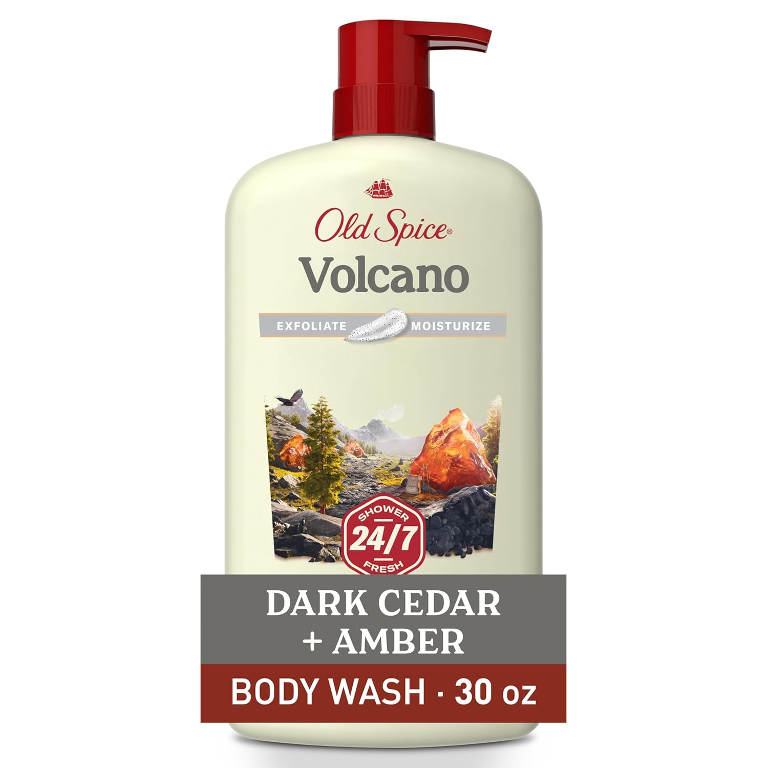 Old Spice Body Wash: Refreshing, Moisturizing, Gentle, Lasting Scent. Old Spice Cleansing Body Wash for Men, 24/7 Shower Fresh with Lasting Scent, Exfoliate & Moisture, Gentle on Skin, Vitamin B3, Volcano with Dark Cedar + Amber Scent, 30 oz
