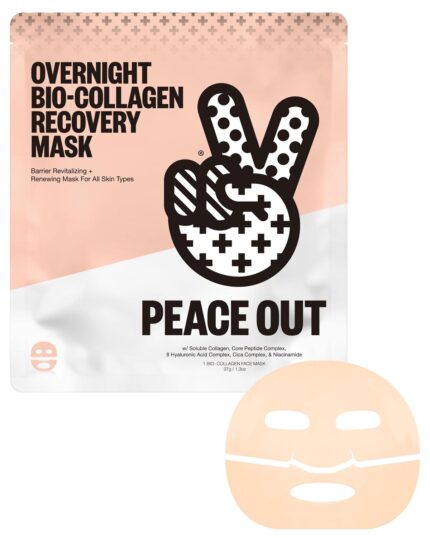 PEACE OUT Overnight Bio-Collagen Recovery Mask, Overnight Sheet Mask with Vegan Collagen, Hyaluronic Acid, and Core Peptide Complex for Skin Revitalizing Hydration (1 Count)