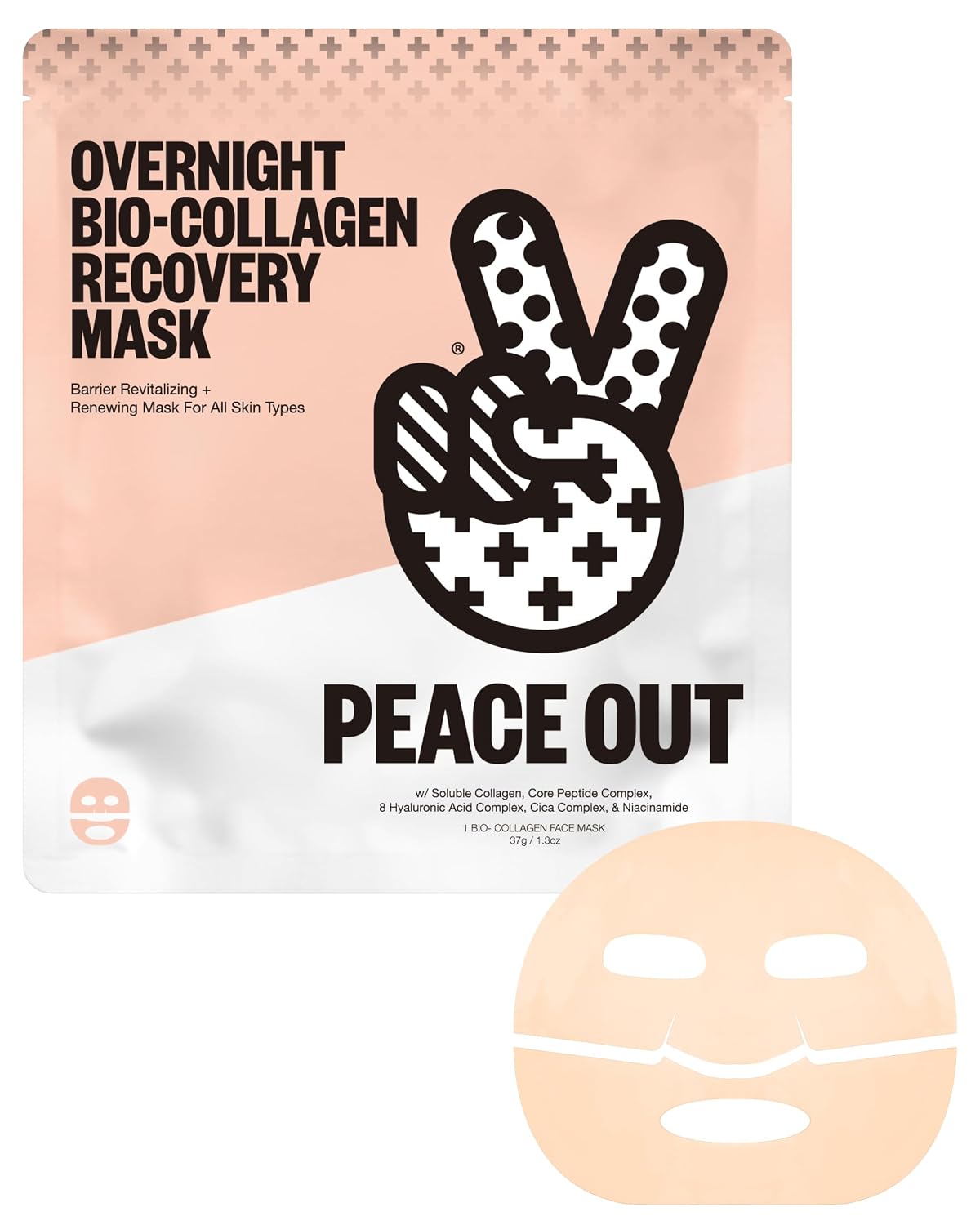 PEACE OUT Overnight Bio-Collagen Mask for Revitalizing Hydration PEACE OUT Overnight Bio-Collagen Recovery Mask, Overnight Sheet Mask with Vegan Collagen, Hyaluronic Acid, and Core Peptide Complex for Skin Revitalizing Hydration (1 Count)