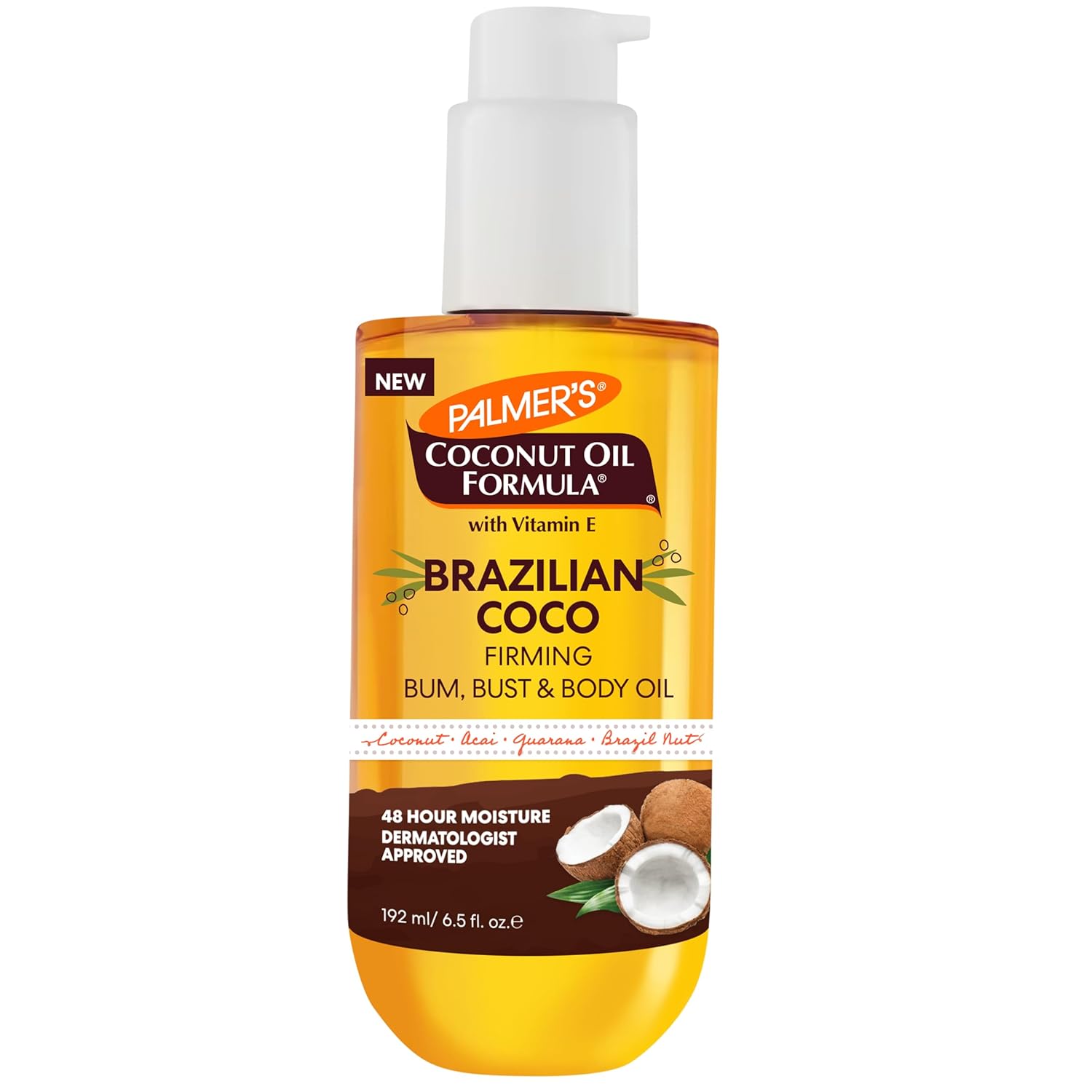 Palmer's Brazilian Coco Firming Body Oil: Tightens & Moisturizes. Palmer's Coconut Oil Formula Brazilian Coco Firming Body Oil with Vitamin E, 6.5 Fl Oz, Helps with Skin Tightening & Firming of Bum, Bust & Belly, Provides 48Hr Moisture, Dermatologist Approved