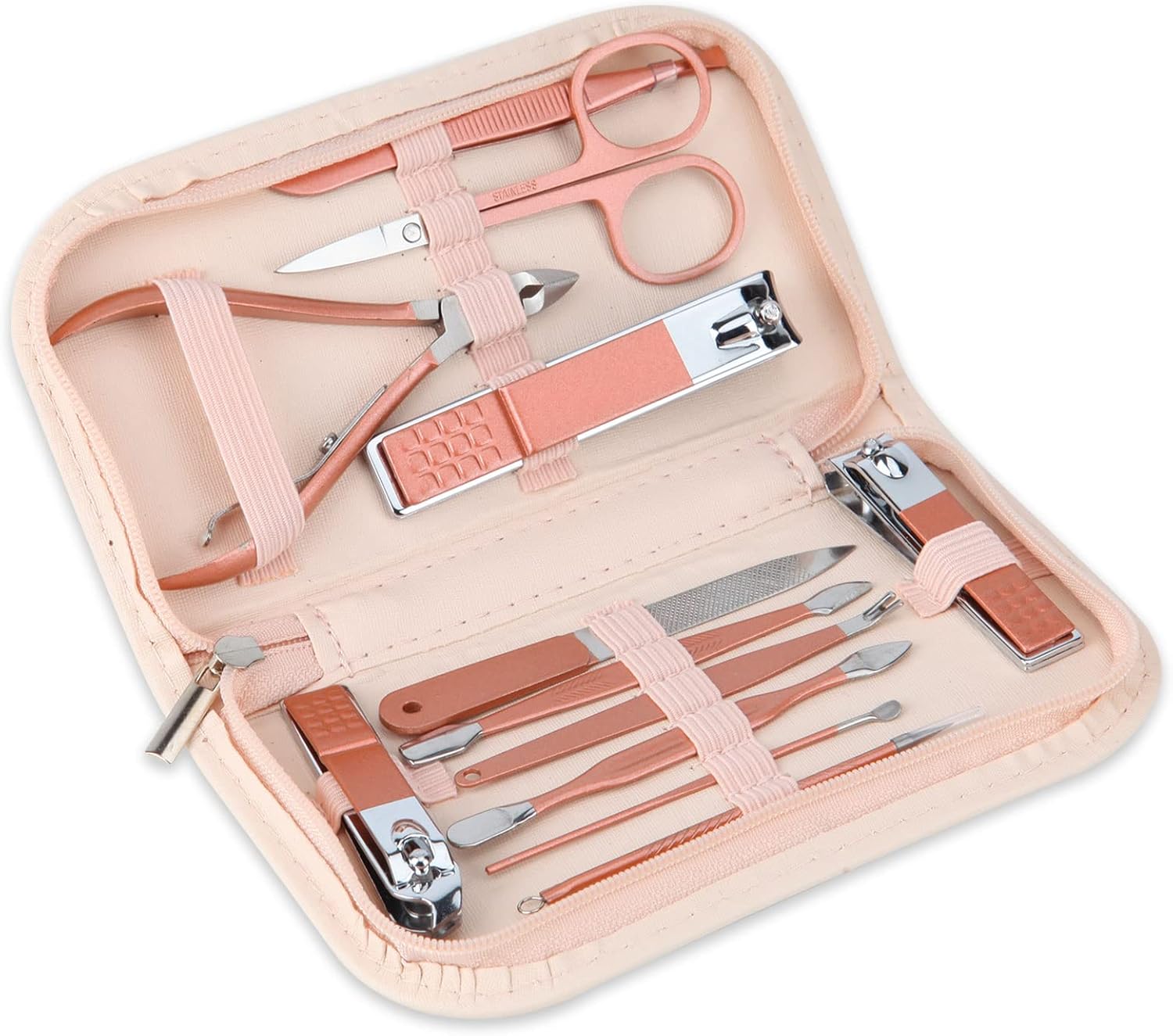 Portable 12-in-1 Rose Gold Nail Clippers & Beauty Set. Nail Clippers & Beauty Tool Portable Set, Rose Gold Manicure Set, 12 in 1. | Martensitic Stainless Steel, Pink Leather Bag, Suitable for Home, Workplace, Outdoor Travel, Gift Giving, Salon.