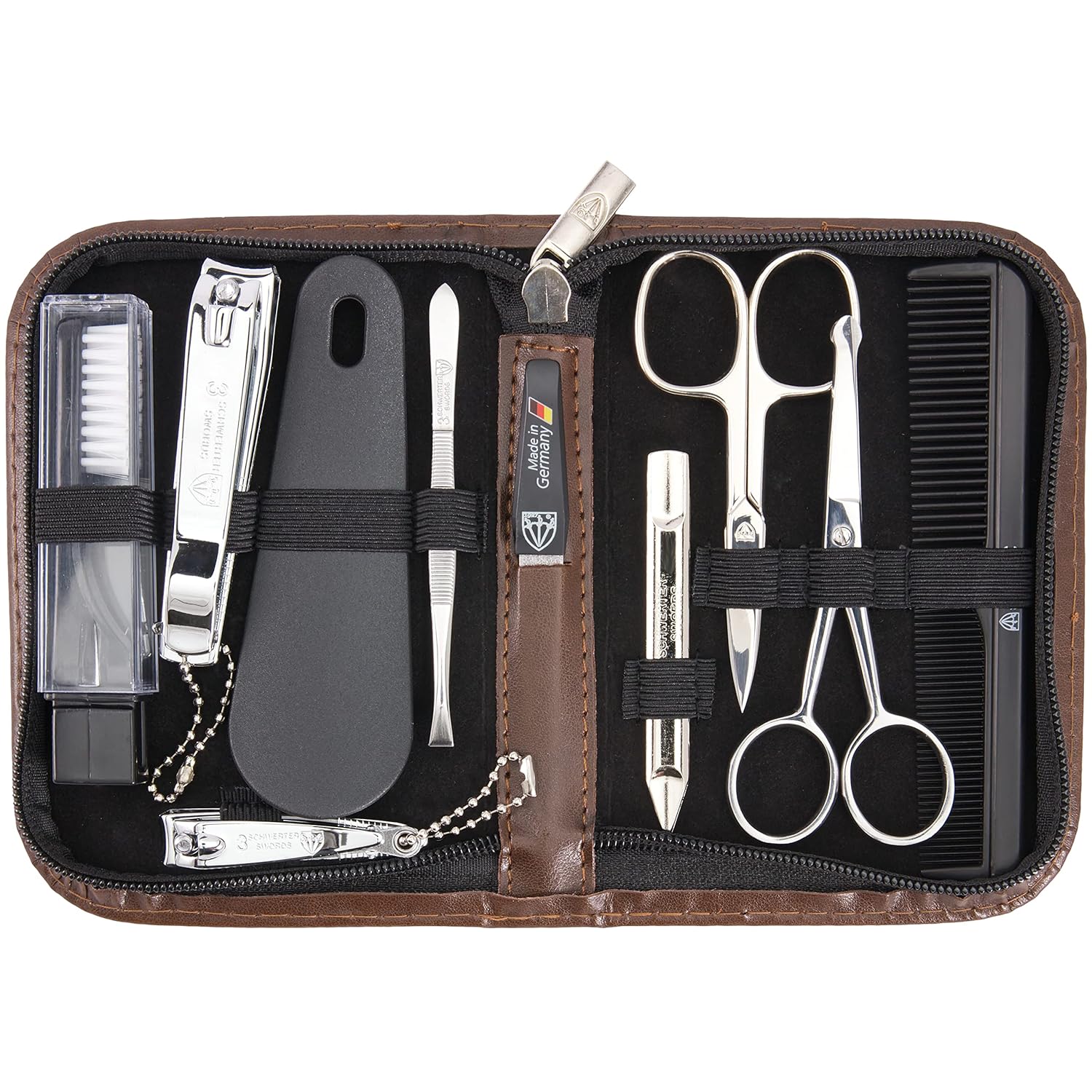 Premium 10-Piece Manicure Pedicure Set in Leather Case 3 Swords Germany - brand quality 10 piece manicure pedicure grooming kit set for professional finger & toe nail care tweezers file clipper fashion leather case in gift box, Made by 3 Swords (01610)