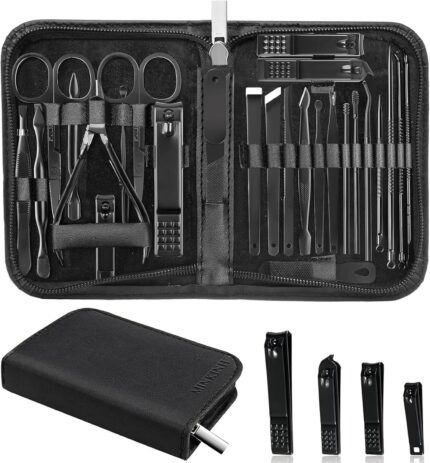 MINKINH Manicure Set Professional Nail Clipper Kit-26 Pieces Stainless Steel Manicure Kit,Nail Care Tools with Luxurious Travel Case Nail Grooming Kit Present for Men Husband Boyfriend Parent (Black)