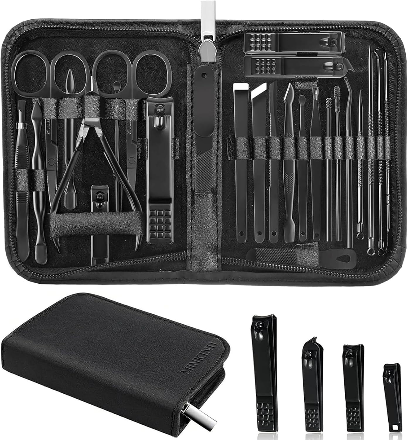 Professional 26-Piece Stainless Steel Manicure Set with Travel Case MINKINH Manicure Set Professional Nail Clipper Kit-26 Pieces Stainless Steel Manicure Kit,Nail Care Tools with Luxurious Travel Case Nail Grooming Kit Present for Men Husband Boyfriend Parent (Black)