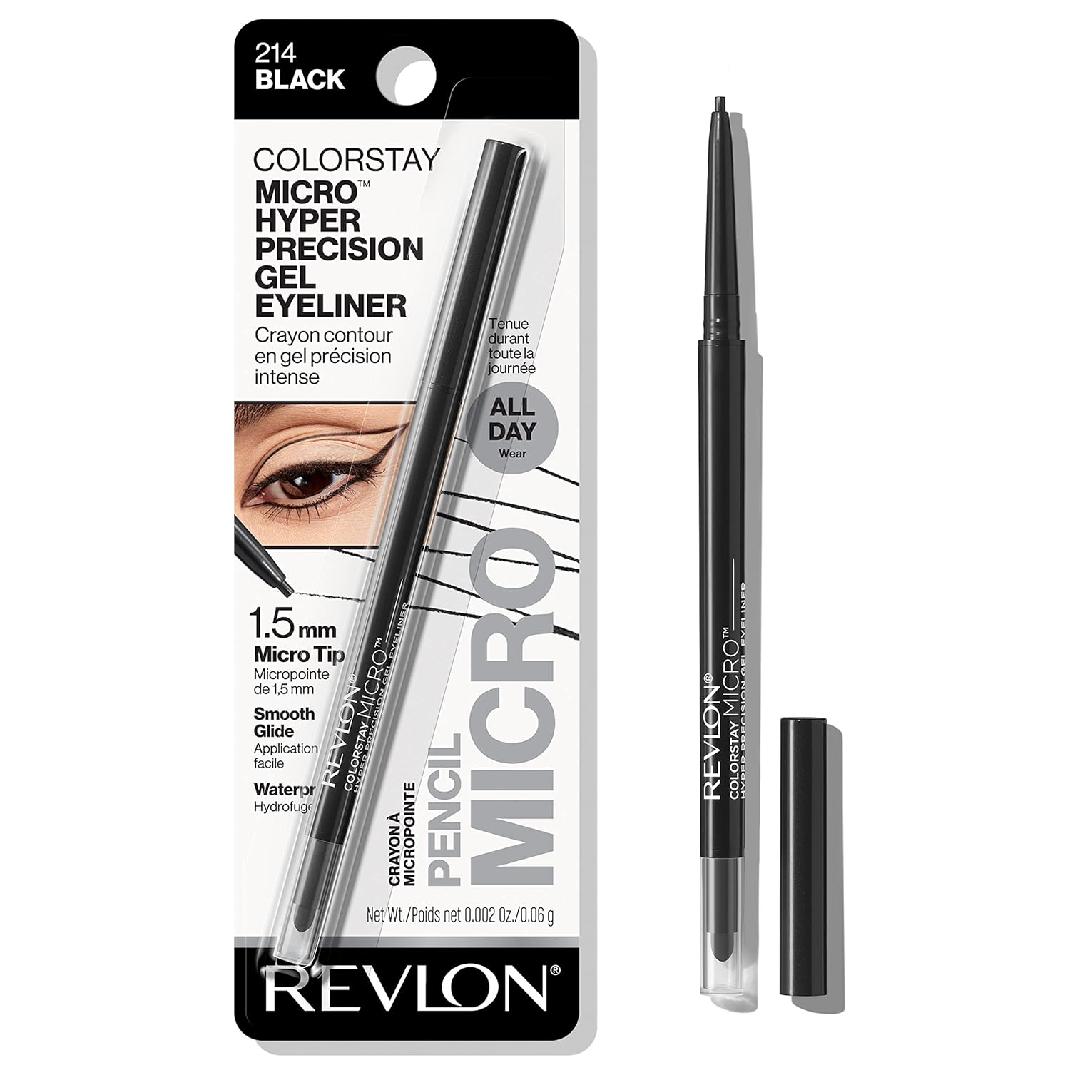 Revlon Gel Eyeliner: Waterproof, Longwearing, Precision Tip, Black Revlon Gel Eyeliner, ColorStay Micro Hyper Precision Eye Makeup with Built-in Smudger, Waterproof, Longwearing with Micro Precision Tip, 214 Black, 0.002 oz