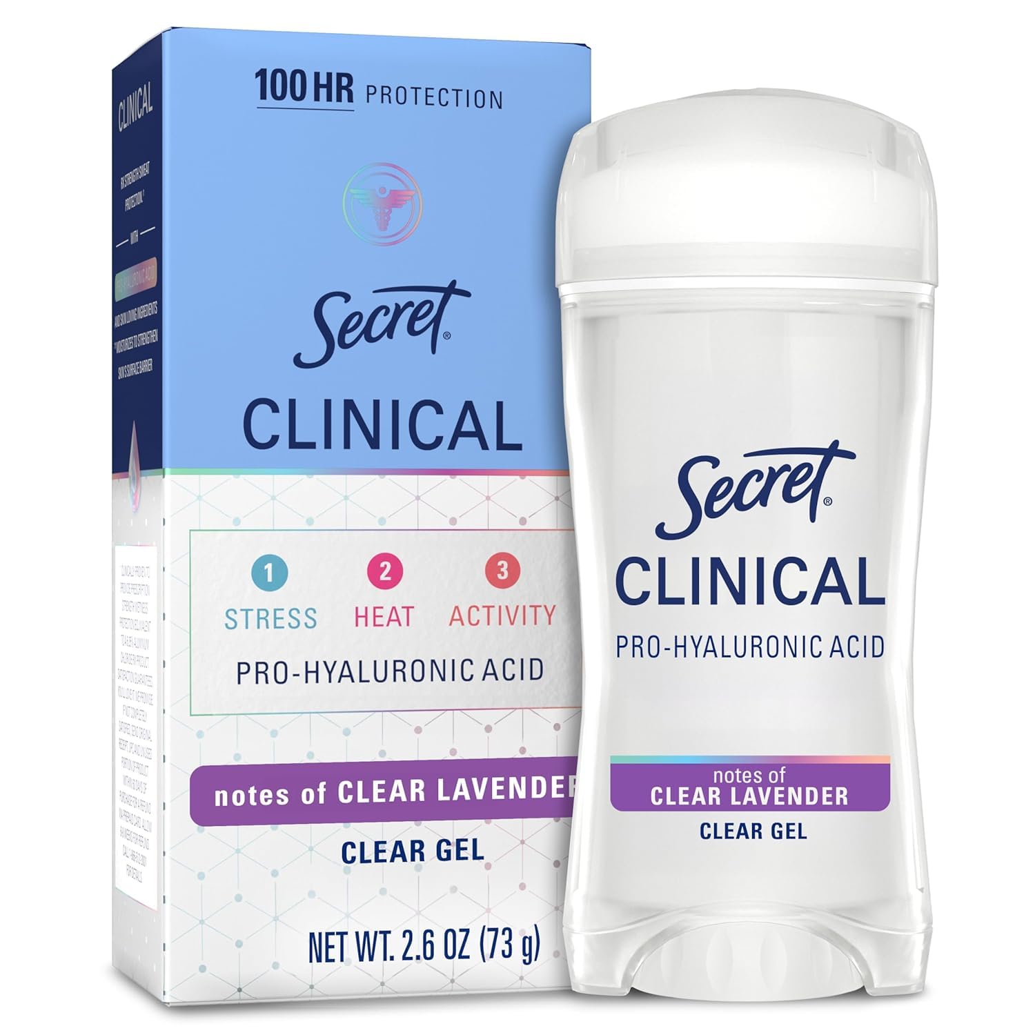 Secret Clinical Strength Antiperspirant: 100HR Sweat Protection, Lavender Scent Secret Clinical Strength 100HR Sweat & Odor, Clear Gel Antiperspirant Deodorant for Women, 3X Stress Protection with Hyaluronic Acid, PH Balancing Minerals, Clear Lavender Scent, 2.6 oz
