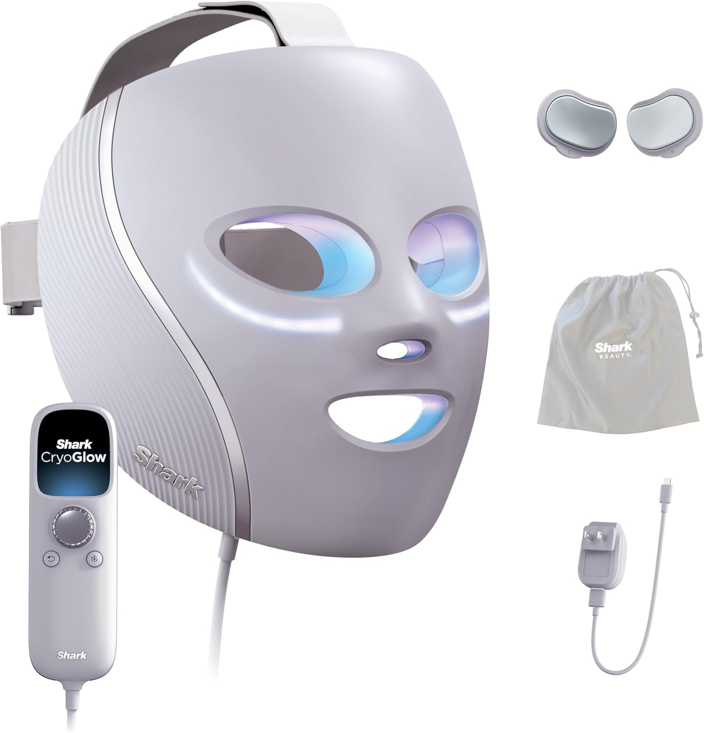 Shark CryoGlow LED Face Mask: Anti-Aging, Cooling & Repair Shark CryoGlow LED Face Mask with Under-Eye Cooling, Anti-Ageing & Blemish Repair, Red & Blue LED, Infrared Light Therapy, USB-C, Remote Control, Storage Bag, Lilac Chill, FW312PL