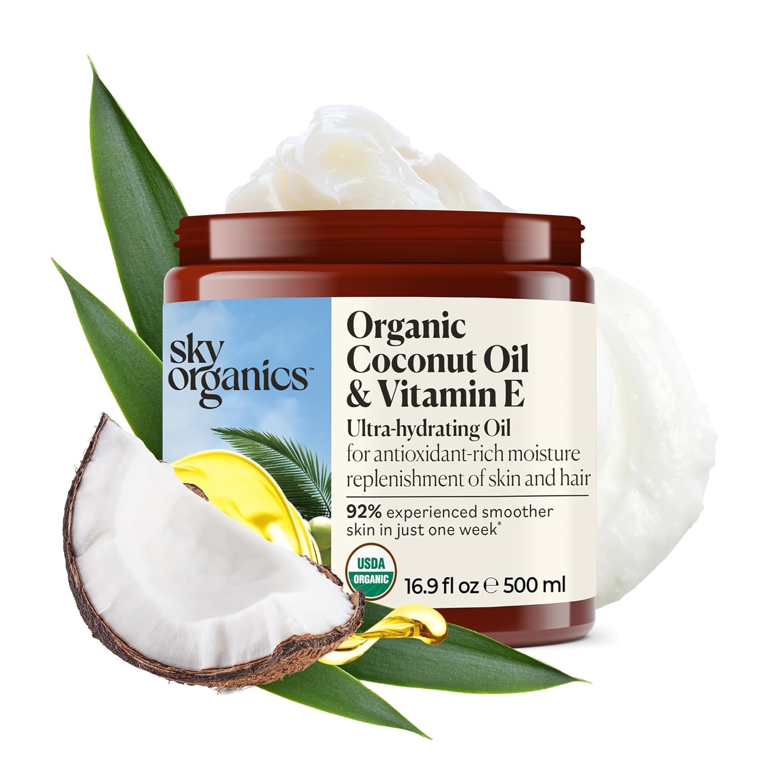 Sky Organics Coconut Oil & Vitamin E: Ultra-Hydrating Skin and Sky Organics - Organic Coconut Oil & Vitamin E, 16.9 fl oz - Skin & Hair Ultra-Hydrating Oil - Fatty Acids & Antioxidants - Natural, Vegan & Cruelty Free - Skin Care & Hair Care with ebook