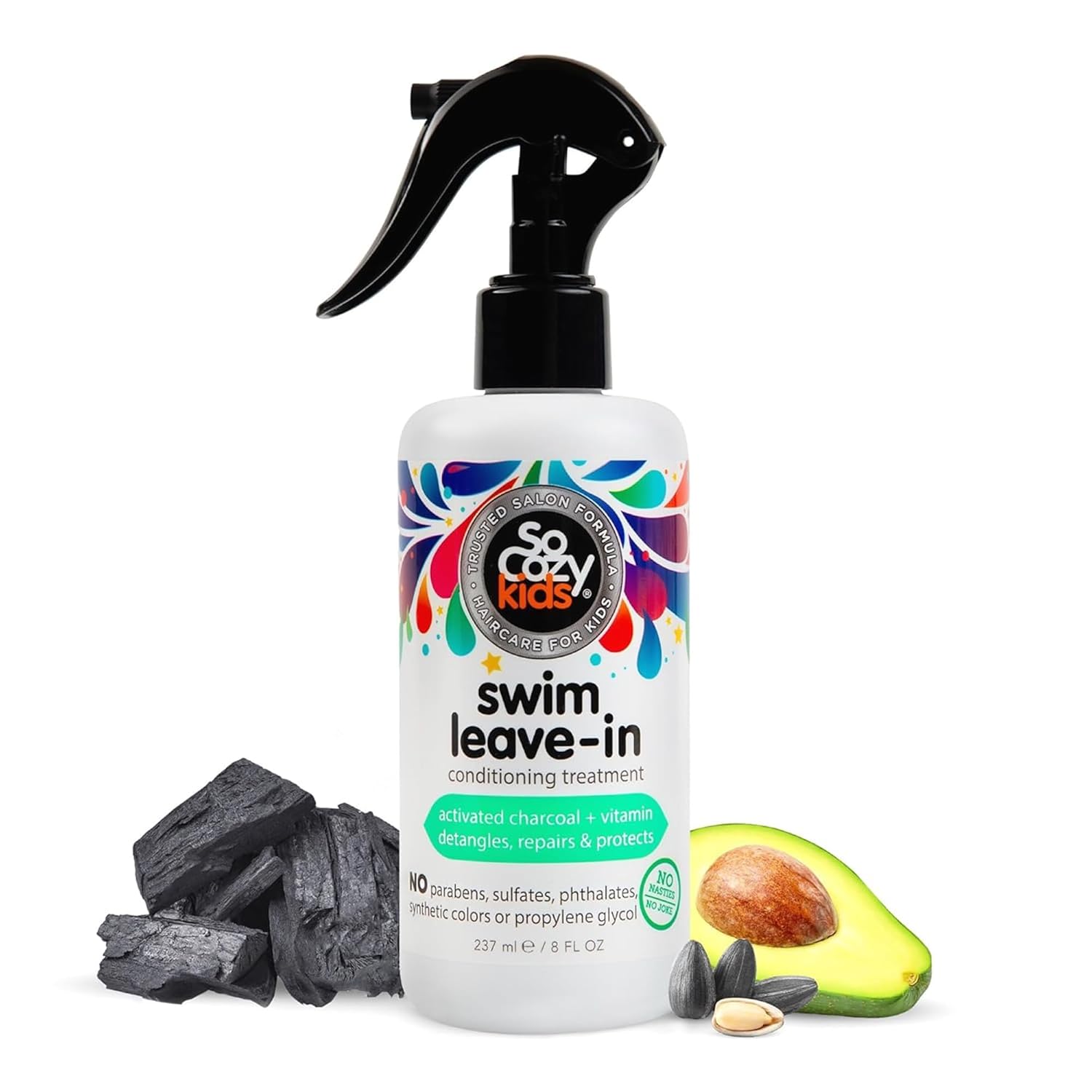 SoCozy Swim Leave-In Conditioner: Protects Kids’ Hair from Damage SoCozy Swim Leave In Conditioner Spray & Treatment for Kids Hair (8 Fl Oz) Protects & Repairs Pool, Sun & Salt Damaged Hair, Gentle Formula with Activated Charcoal, Vitamin B5 & Sunflower Seed Extract