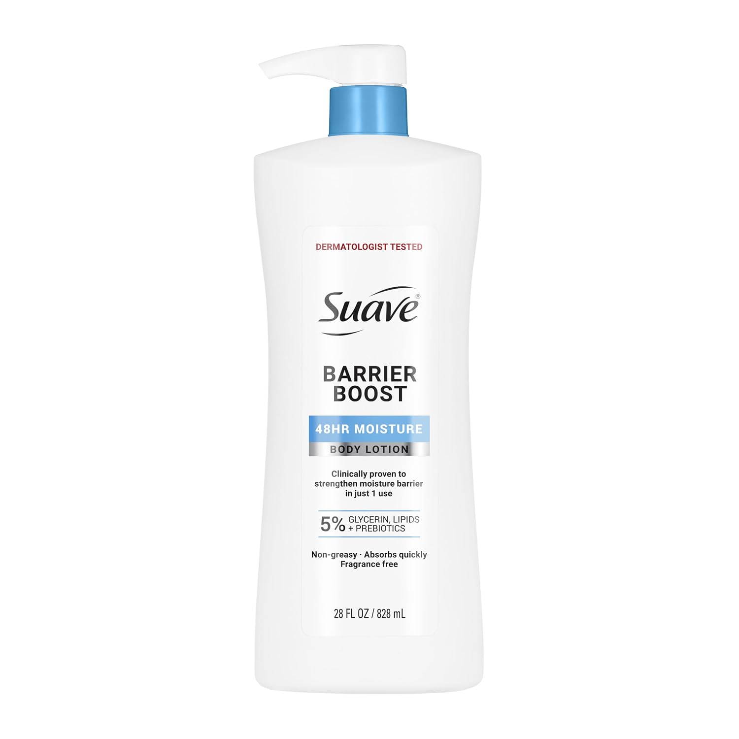 Suave Barrier Boost: Fragrance-Free Moisturizing Body Lotion for Women Suave Barrier Boost Body Lotion for Women with Glycerin, Lipids & Prebiotics, Fragrance Free, Dermatologist Tested, Clinically Proven 48-Hour Moisture, Moisturizing Body Lotion, Non-Greasy, 28 Fl Oz