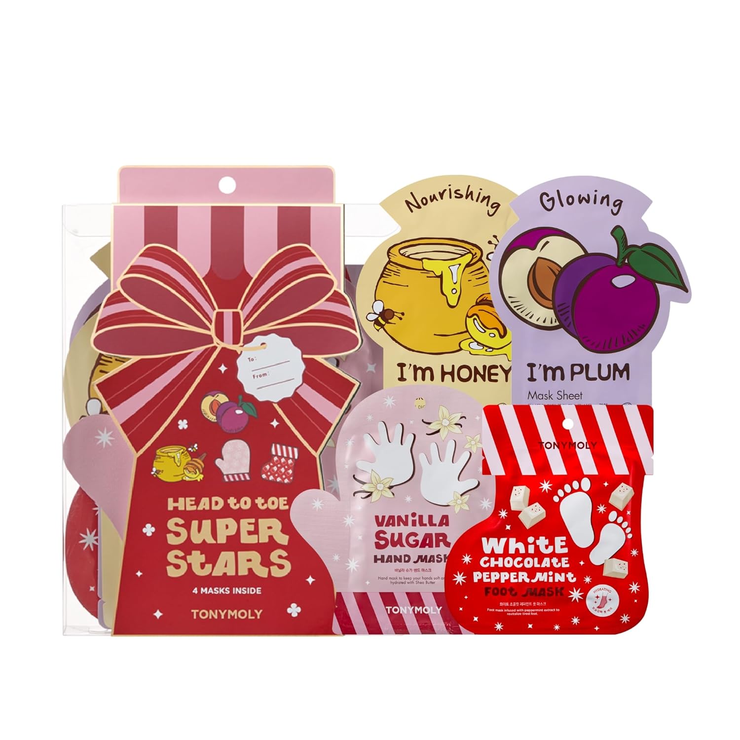 TONYMOLY 4-Piece Hydrating Mask Set for Face, Hands, Feet TONYMOLY Head to Toe Mask Set – 4-Piece Face Mask Set with Sheet Masks, Hand Mask & Foot Mask | Hydrating, Brightening & Nourishing Skincare Collection, Holiday Gift Set