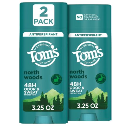 Tom’s of Maine North Woods Antiperspirant for Men and Women, No Artificial Fragrances, Dyes, or Preservatives, Baking Soda Free, 48-Hour Odor and Sweat Protection, 3.25 oz (2 Pack)