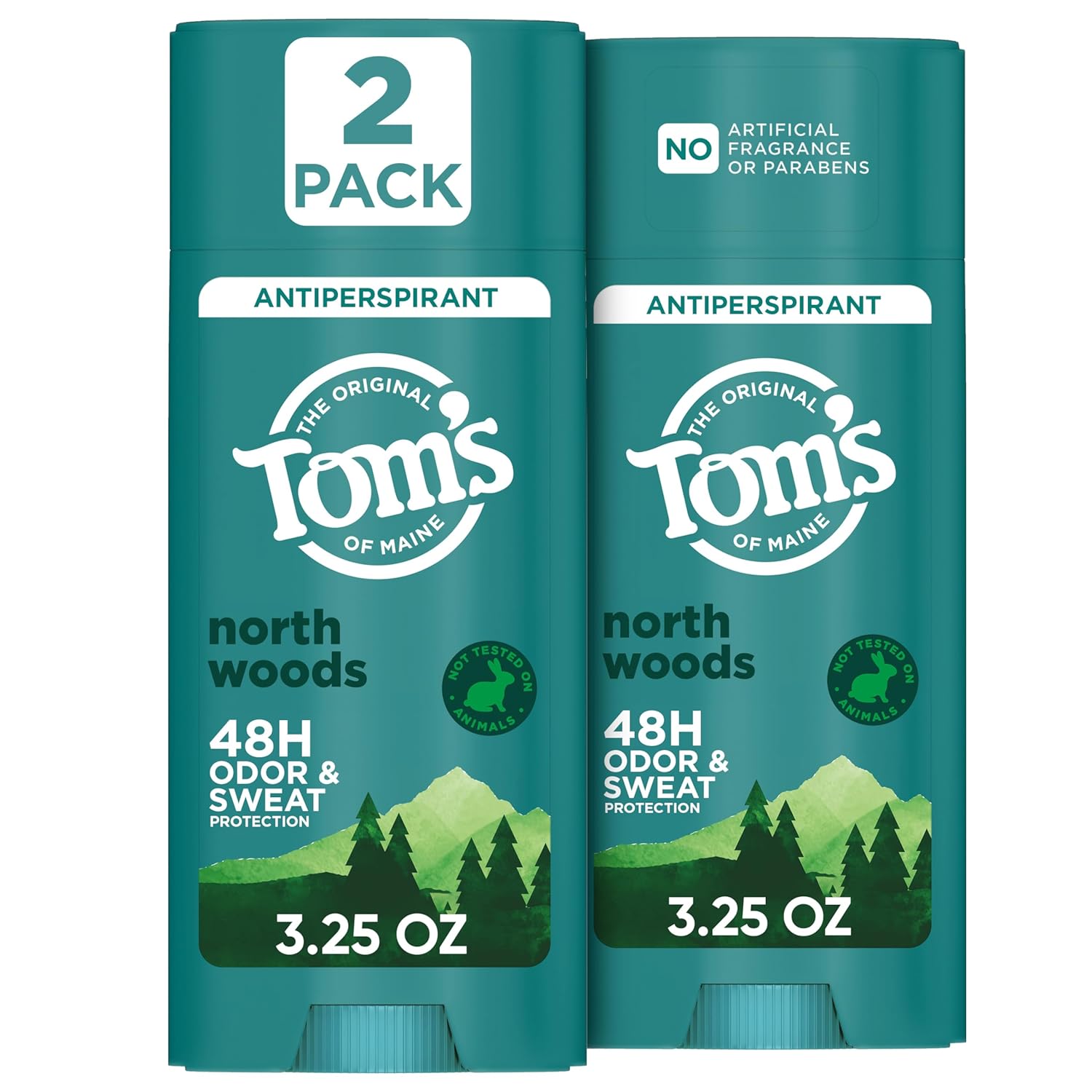 Tom's of Maine Natural Antiperspirant: 48-Hour Sweat Protection (2 Pack) Tom’s of Maine North Woods Antiperspirant for Men and Women, No Artificial Fragrances, Dyes, or Preservatives, Baking Soda Free, 48-Hour Odor and Sweat Protection, 3.25 oz (2 Pack)