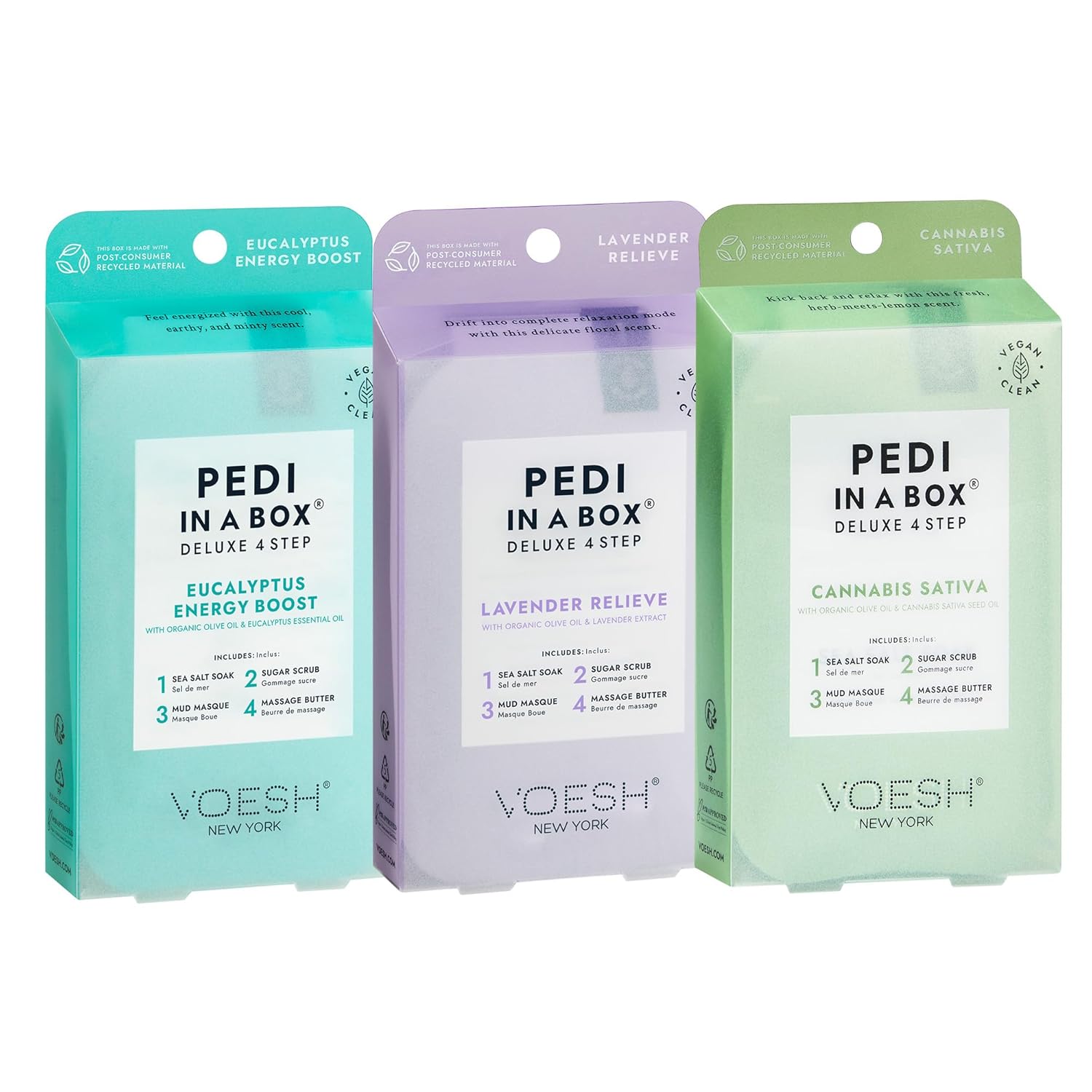 VOESH Pedi Box Trio: Lavender, Eucalyptus & Herb Oil Spa VOESH Pedi in a Box 4 Step Herb Trio - 3 Pack of Lavender Relieve, Eucalyptus Energy Boost & Herb Seed Oil Pedis, Spa Pedicure Kit, At-Home Pedicure