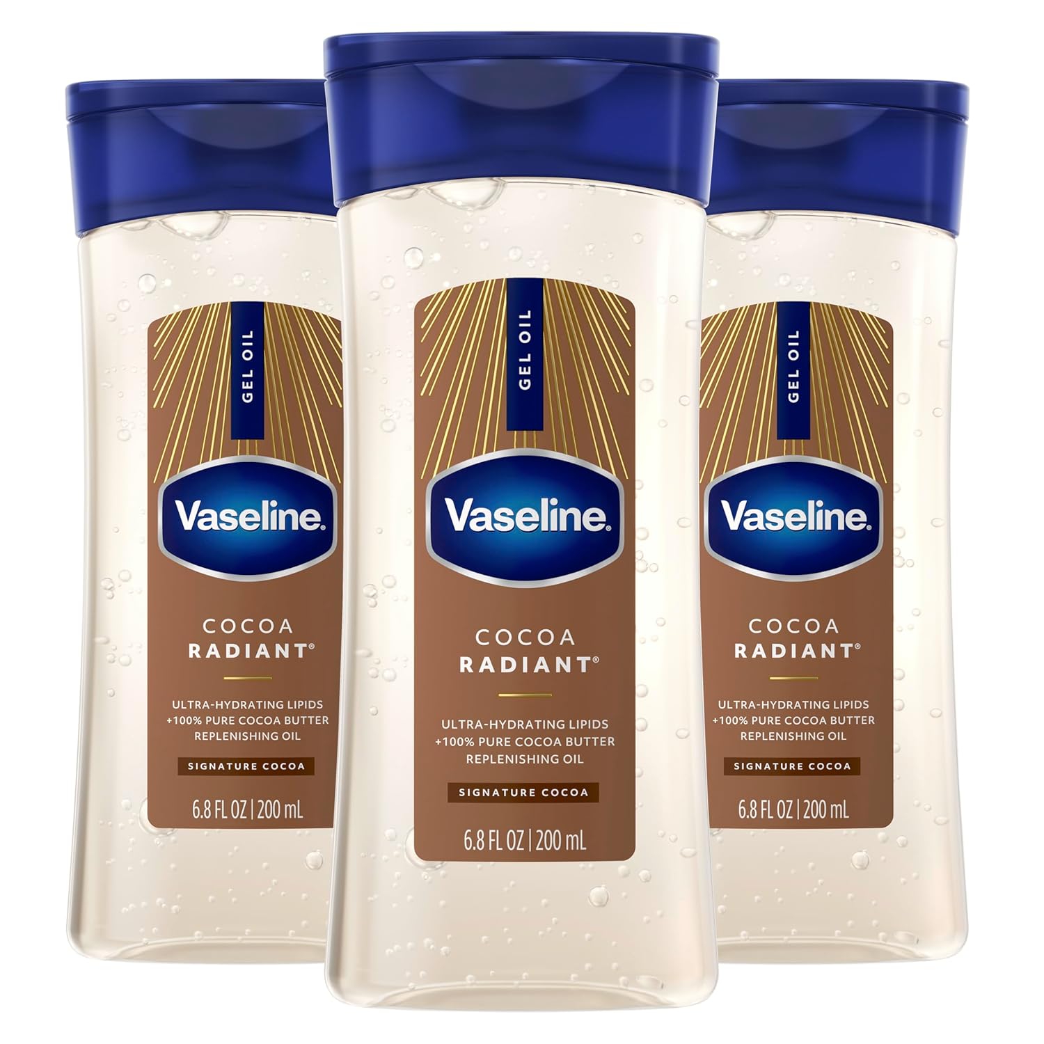Vaseline Cocoa Radiant Body Gel Oil Trio for Glowing Skin Vaseline Intensive Care Cocoa Radiant Pack of 3 for Glowing Skin Body Gel Oil Made with Pure Cocoa Butter + Replenishing Oils 6.8 fl oz
