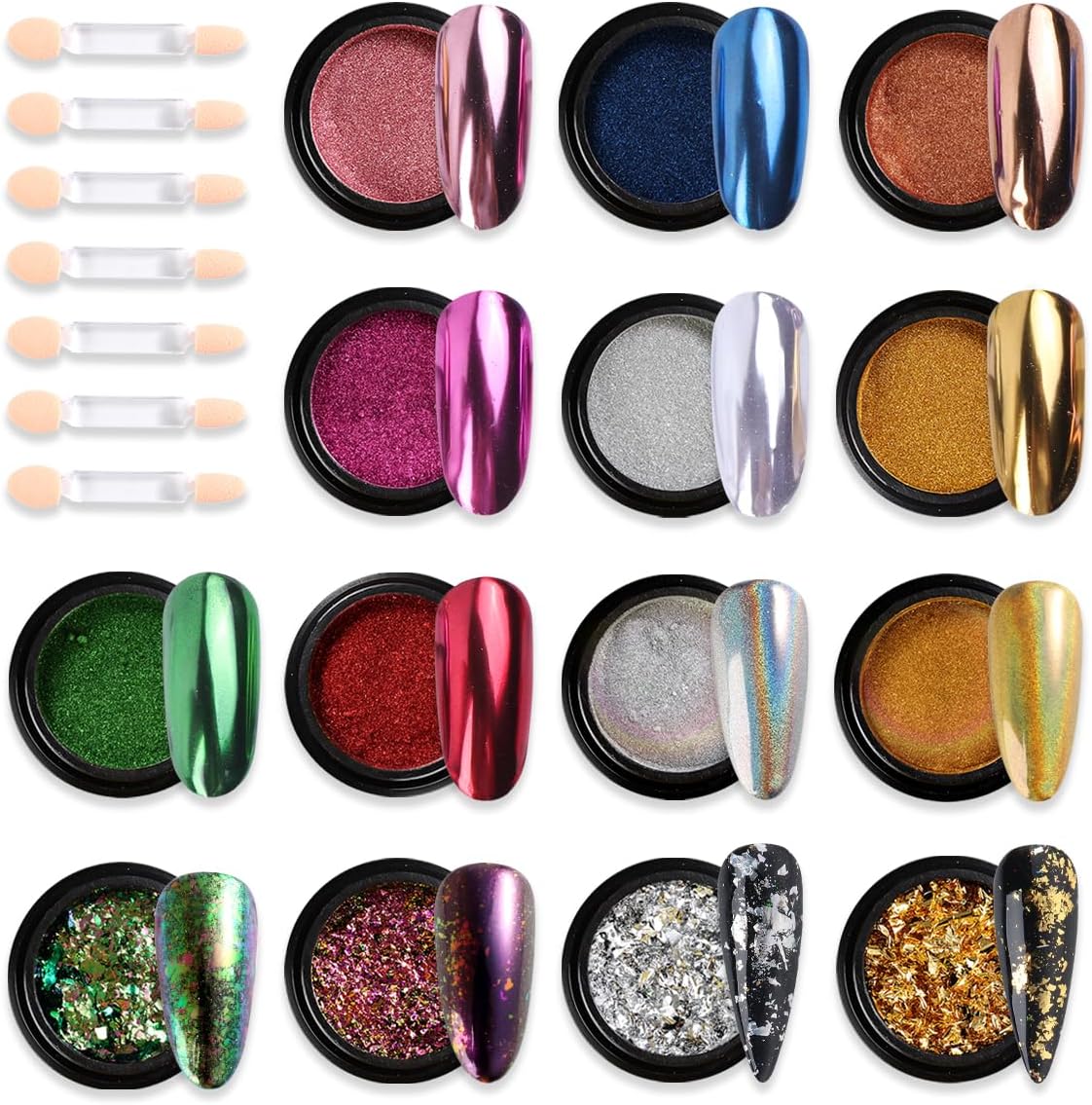 14-Color Chrome Nail Powder Set with Holographic Flakes Chrome Nail Powder Set 14 Colors Pink Blue Silver Metallic Effect Mirror Powder for Nails with Brushes Holographic Pigment Chameleon Flakes for Nails Gold Leaf Decoration Nail Supplies