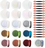 Artdone 16 Colors Chrome Nail Powder, Iridescent Aurora Chameleon Powder Metallic Mirror Effect Pigment Pearlescent Mermaid Pigment Pearl Glitter Dust Kit, Nail Art Decoration, Resin Craft