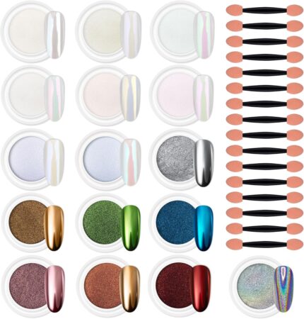 Artdone 16 Colors Chrome Nail Powder, Iridescent Aurora Chameleon Powder Metallic Mirror Effect Pigment Pearlescent Mermaid Pigment Pearl Glitter Dust Kit, Nail Art Decoration, Resin Craft
