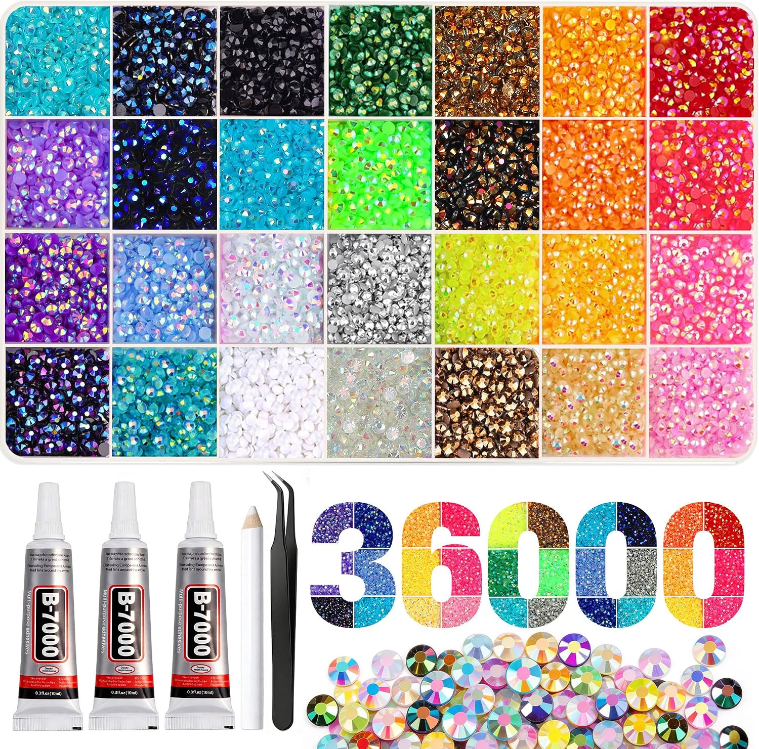 36000 Pcs Multicolor Resin Rhinestones & B7000 Glue Kit Artdone 36000Pcs Resin Rhinestones 3mm Jelly AB 28Colors for Bedazzling Glitter Kit DIY, Multicolor Crystal Diamond Pearls with 3Pcs 10ml B7000 Jewelry Glue for Bedazzled Nail Art Supplies Decoration
