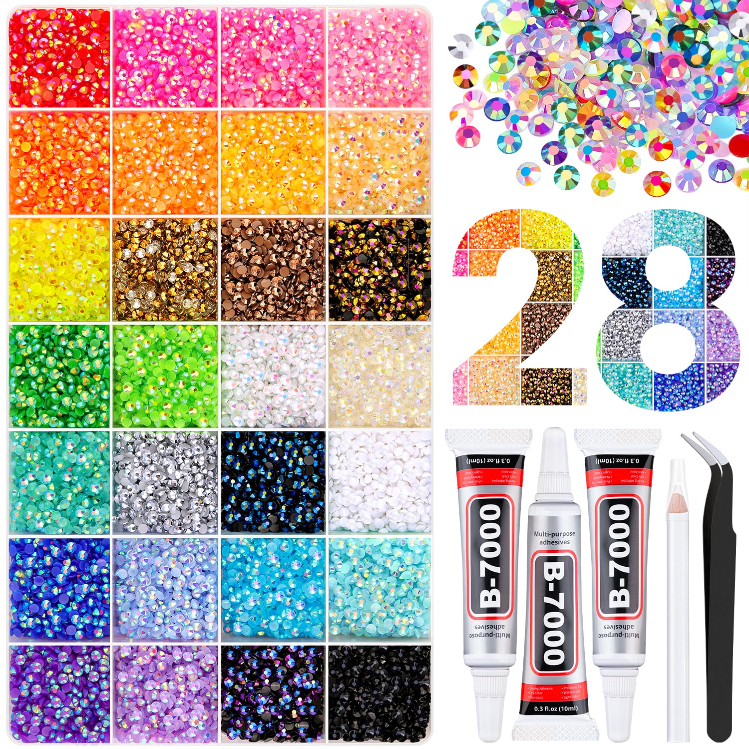 38,000-Piece Multicolor Jelly Rhinestones Bedazzling Kit with Glue 38000Pcs Jelly Rhinestones Bedazzling Kit, Multicolor 3mm Flatback Resin Bedazzler Gems with 3Pcs 10ml B7000 Jewelry Glue for Bedazzled Thing Diamond Art Book Crafting Nail Art