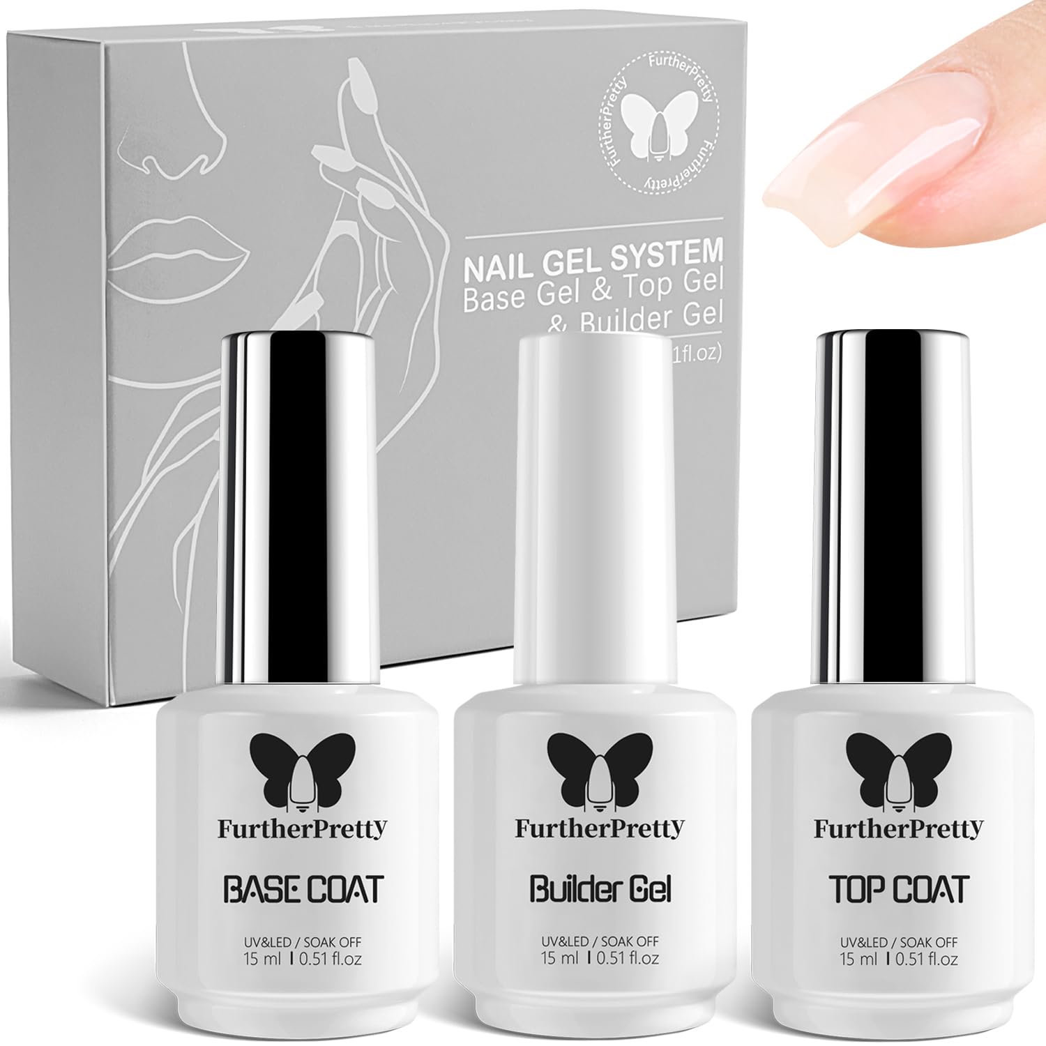 3PCS Builder Gel Nail Kit for Home & Salon Use Builder Gel Nail Kit, 3PCS Set 15ml No Wipe Top Coat, Base Coat, and Nail Glue Gel for Nail Extension, UV LED Soak Off Gel Nail Polish Kit for Home Manicure and Professional Salon Use