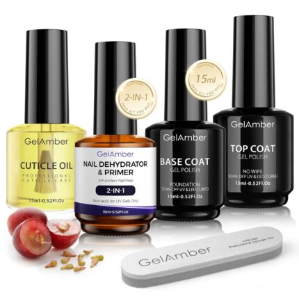 GELAMBER 4Pcs 15ml Nail Dehydrator and Primer 2-in-One with Gel Base and Top Coat Set, Cuticle Oil and Nail File, Acid-Free No Wipe Essentials for Shiny & Long-Lasting Natural Manicure