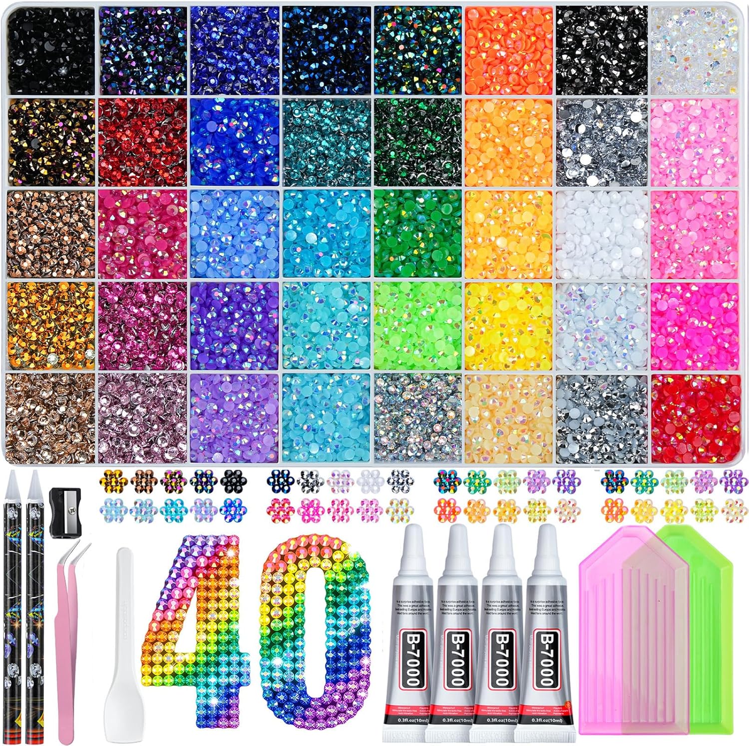 50000-Piece Rhinestone Bedazzling Kit: 40 Colors & Accessories 50000Pcs Bedazzling Kit with Rhinestones 3mm, 40 Colors Bedazzler Kit Resin Rhinestones Nail Gems & Glitter Gem Art Supplies, Diamond Art Kits Accessories with Pickup Pen, 4pcs 10ml B7000 Glue