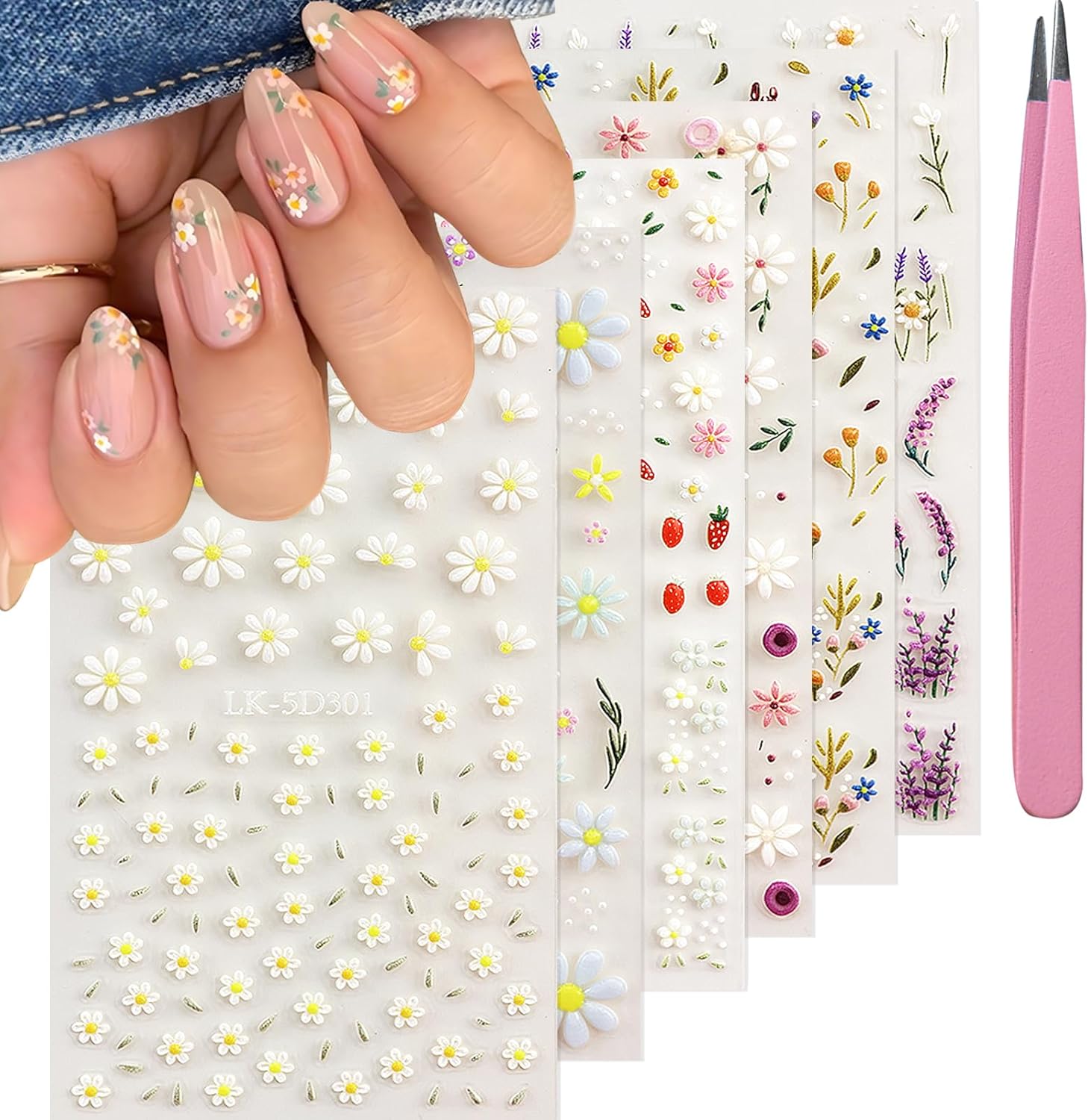 5D Embossed Flower Nail Art Stickers for Spring/Summer Flower Nail Art Stickers Decals 5D Embossed Flower Nail Decals Self Adhesive Spring Summer Daisy Lavender Nails Design Supplies 3D Nails Decoration for Women