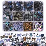 850 Pieces 3D Butterfly Rose Flower Bow Rabbit Bear Nail Charms Kit with Nail Art Rhinestones Pearls Crystal Gems Nail Slices for Manicure DIY Crafts Jewelry Accessories (Black)