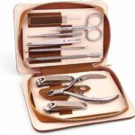Beauty Power 9 in 1 Professional Manicure Pedicure Set - Stainless Steel Nail Clippers, Nano File, Cuticle Nipper, Scissors, Tweezers, Travel PU Leather Case for Men & Women - Father's Day - Brown