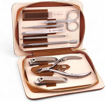 Beauty Power 9 in 1 Professional Manicure Pedicure Set - Stainless Steel Nail Clippers, Nano File, Cuticle Nipper, Scissors, Tweezers, Travel PU Leather Case for Men & Women - Father's Day - Brown