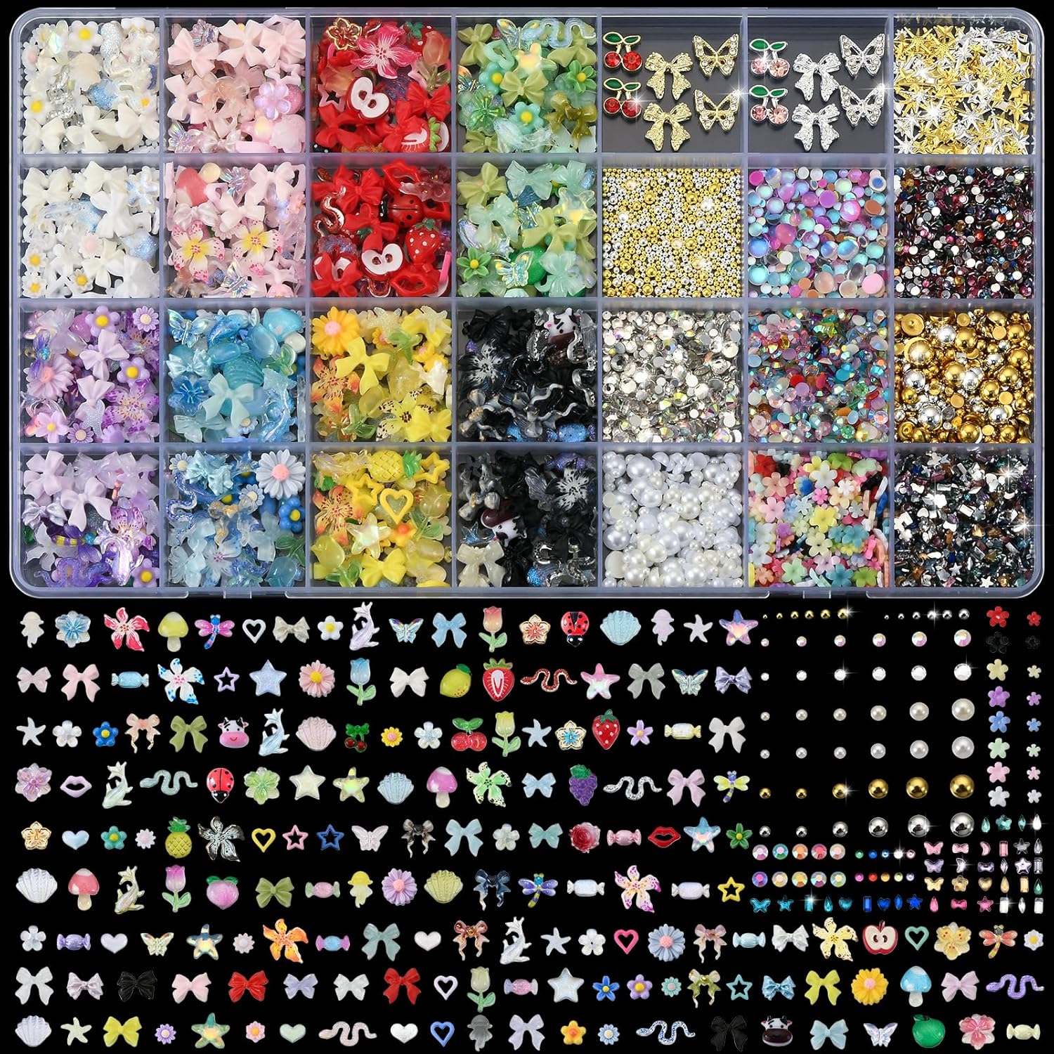 9000-Piece Y2K 3D Nail Charm Kit: Colorful Designs and Gems 9000 Pcs 3D Nail Charms and Gems Bulk Y2k Cute Charms for Nails Design Kit 110 Styles Colorful Rhinestones Bows Butterfly Flower Star Beads Pearls Bubble