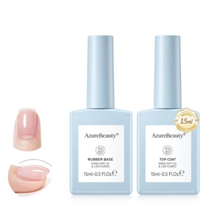 AZUREBEAUTY 15ml Rubber Base Gel Polish and No Wipe Top Coat Set, Builder Base Coat and Ultra Shine Top Self Leveling Apex Building Nail Strengthener, Long Lasting for Thin Weak Brittle Nails