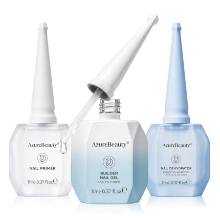 AZUREBEAUTY Nail Primer and Dehydrator with Builder Nail Gel Set, Acid Free Primer Dehydrator for Acrylic and Gel Nail Polish, Clear Builder for Strengthener Thickening Apex Building, LED Lamp Cured