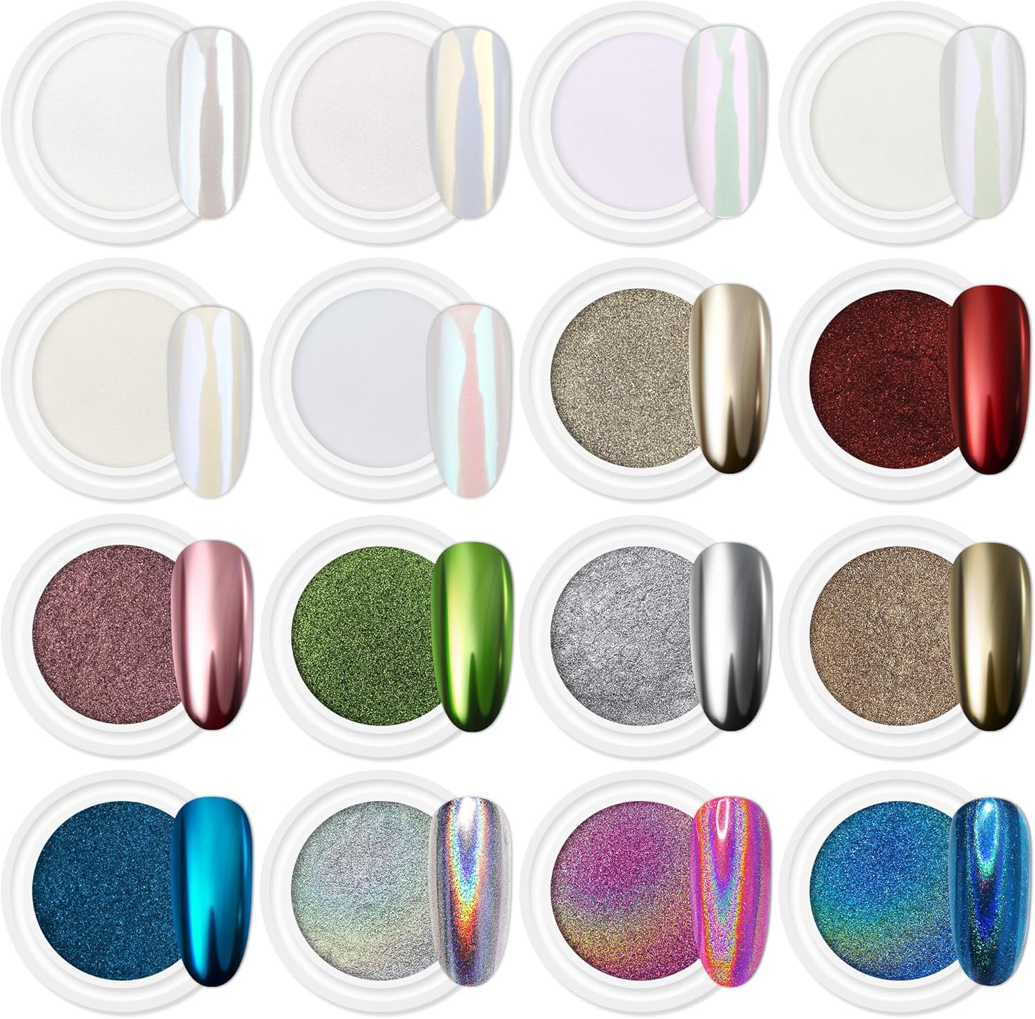 Artdone 16Jars Chrome Nail Powder Kit: Iridescent Holographic Effects Artdone 16Jars Chrome Nail Powder Magic White Pearl Kit Mirror Effect Silver Metallic Holographic Dip Nail Powder for Resin Craft & Nail Art Fimo, Decoration Iridescent Aurora Mermaid Pigment