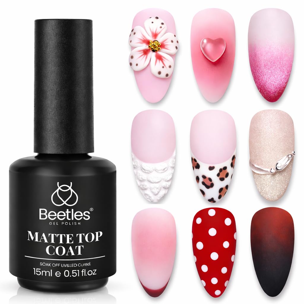 Beetles 15ML Matte Gel Top Coat for Long-Lasting Chrome Finish Beetles Matte Gel Top Coat for Gel Polish,15ML Chrome Proof Matte Top Coat No Wipe Powder-Resist Finish for Detail Chrome Powder Painting and Long Lasting Nail Gifts for Women