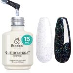 Beetles Glitter Gel Top Coat, 1 Pcs 15ml No Wipe Top Coat Gel Polish Reflective Silver Super Shiny UV Decoration Nail Art Sparkle Manicure DIY Home Salon