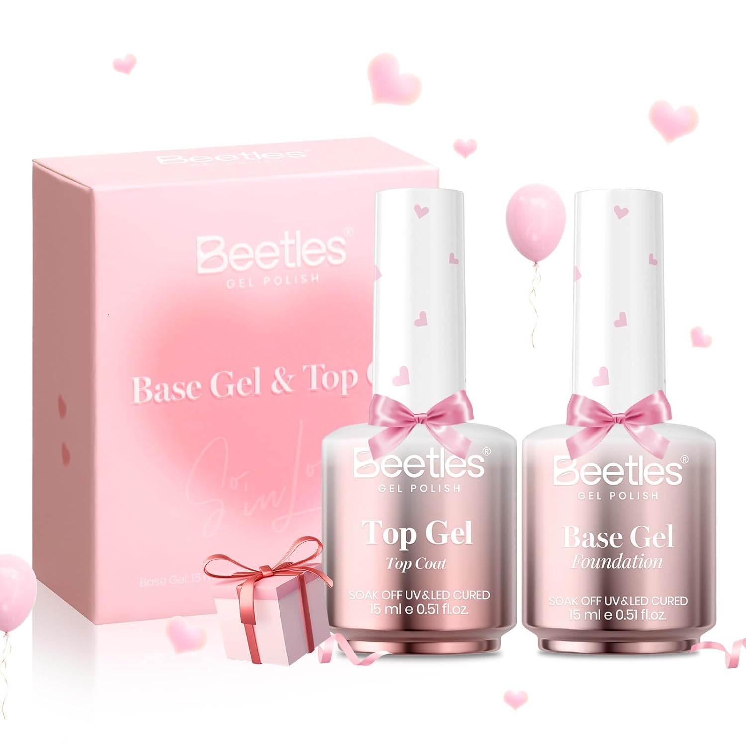 Beetles 2-Pc Gel Nail Polish Set: Base & Top Coat Beetles Gel Base and Top Coat Set, 2Pcs 15ml No Wipe Top Coat Gel Nail Polish & Strong Adhesion Base Coat Long Lasting UV Lamp Needed Nail Art Design Manicure Gifts for Women