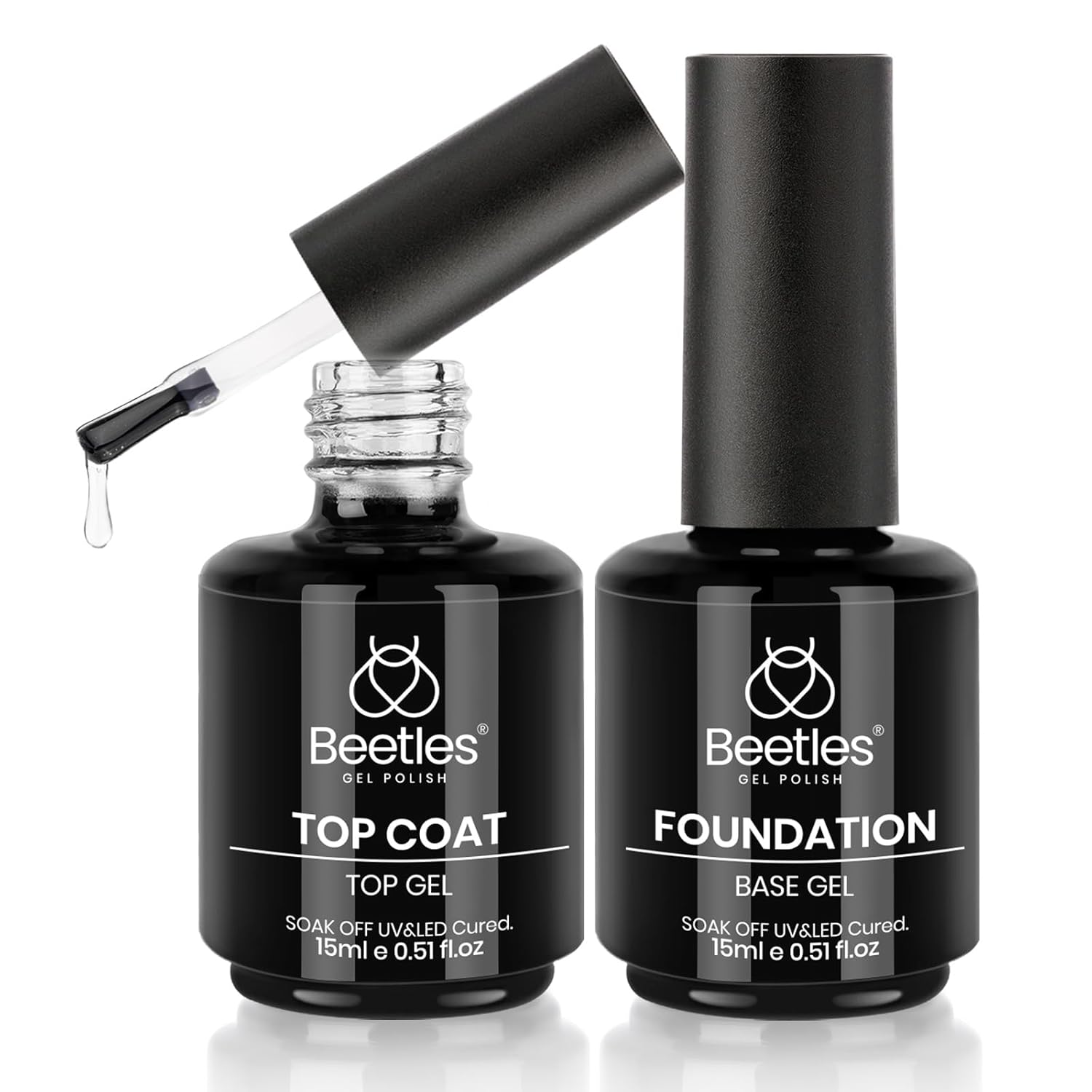 Beetles 2-Piece Gel Coat Set for Long-Lasting Manicures Beetles Gel Top Coat and Base Coat Set - 2 Pcs 15ml No Wipe Top Coat Gel Nail Polish Shine Finish and Long Lasting, Soak Off LED Nail Lamp Finish Nail Art Design Manicure Diy at Home