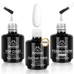 Beetles 3Pcs 15ml White Gel Nail Polish and No Wipe Gel Top Coat and Base Coat Set, Soak Off UV Lamp and Glossy Long Lasting French Manicure Art Design Kit