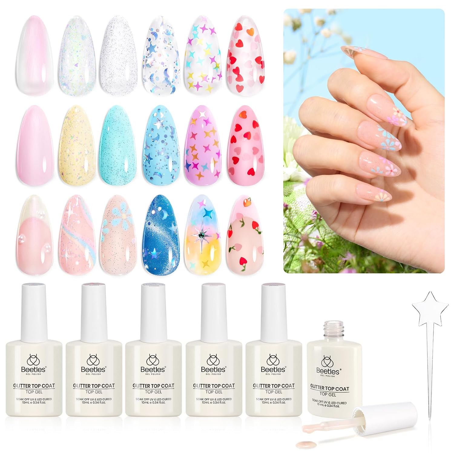 Beetles 6-Piece Reflective Glitter Gel Nail Polish Set beetles Gel Polish 6Pcs Heart Star Reflective Glitter Gel Top Coat Set, Clear Pink Color Pastel Nail Polish No Wipe Top Coat Long Lasting Highly Shine Soak Off Uv Gel Art