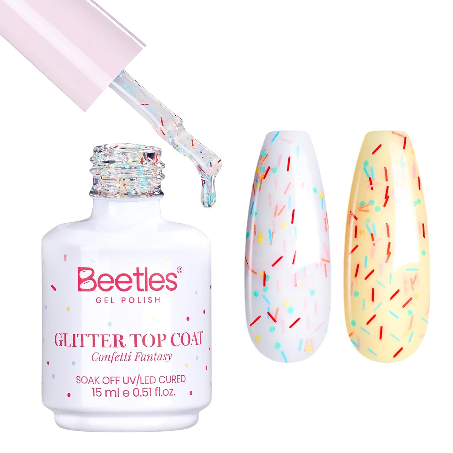 Beetles Confetti Fantasy Glitter Gel Top Coat – 15ml Beetles Glitter Gel Top Coat 15ml – Confetti Fantasy Sparkle Nail Top Coat, Overlay Glitter Effect for Gel Nail Polish, Soak Off UV LED Cured High Shine Long Lasting Nail Art