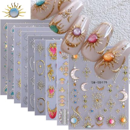 Sun Nail Stickers Decals 9 Sheets Bohemian Style Nail Art Stickers 5D/3D Embossed Self Adhesive Moon Star Heart Flame DIY Metallic Designs Gothic Decoration Supplies Nail Accessories for Women