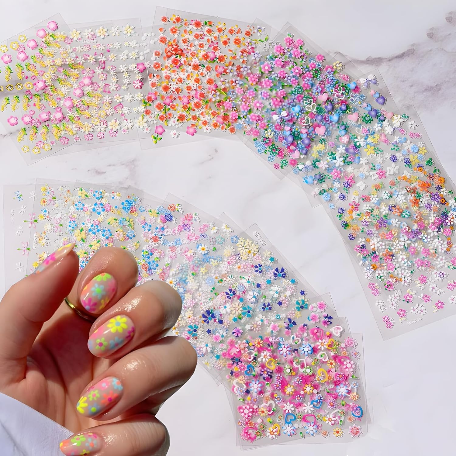 Colorful Daisy Nail Art Stickers, 30 Sheets for Women SPLOCUDU Colorful Cute Daisy, Floral, Heart, Flower Nail Art Stickers Decals, 3D Self Adhesive Supplies, Design Decoration Accessories for Women and Girls, 30 Sheets