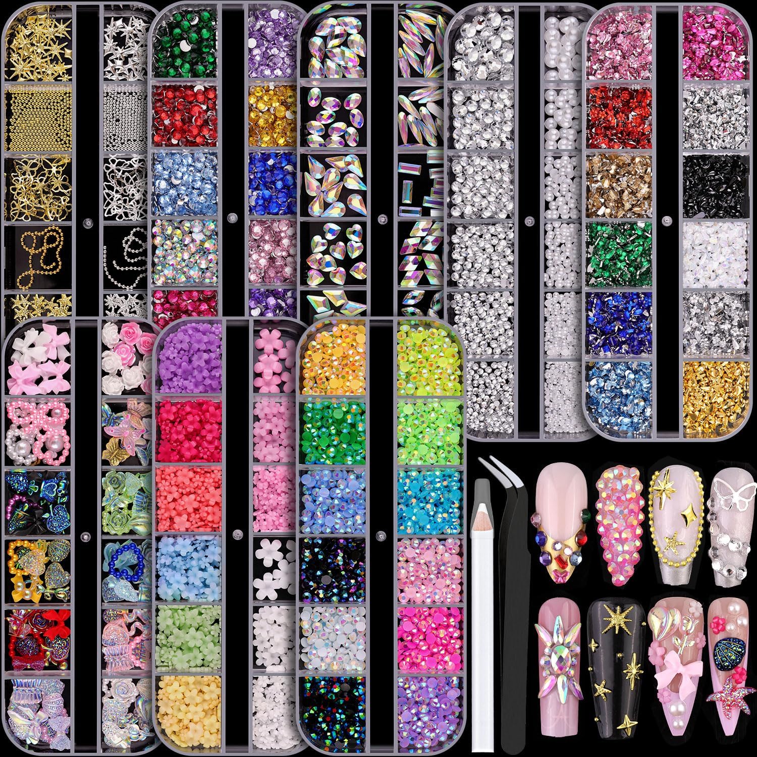 Colorful Nail Art Gem and Charm Set for Manicures 8 Boxes Nail Charms and Gems for Manicure, Flat Pearls Nail Flowers Nail Rhinestones and Charms for Nail Art, Colorful Pearl Nail Charm Nail Bows Multi Shapes Flatback Nail Design Kit Nail Accessories