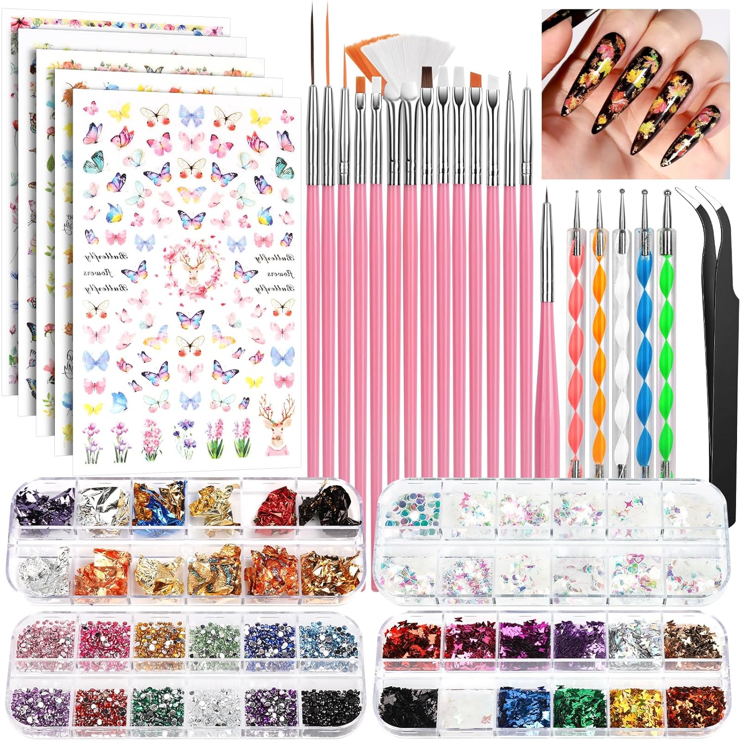 Comprehensive Nail Art Kit with Brushes, Stickers, and Sequins FANDAMEI Nail Art Brushes Set, Nail Art Kit, Nail Design Kit, Nail Art Dotting Pens, Nail Stickers, Butterfly Nail Art Sequins, Nail Foils, Nail Art Flakes Iridescent, Rhinestones For Nails