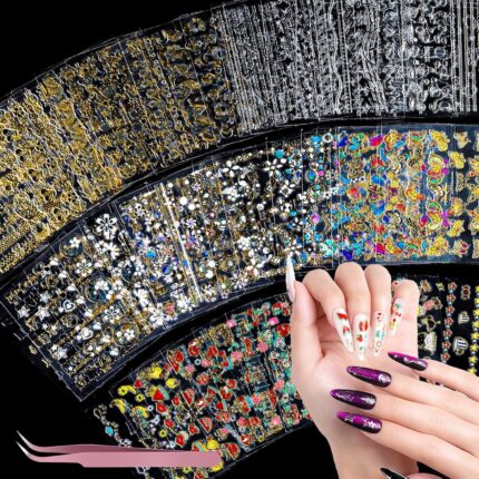Teenitor 50 Sheets Nail Stickers for Kids, Cute Nail Decals for Girls Women, 3D Self Adhesive Gold Nail Stickers for Nail Art, Star Fruit Butterfly Silver Nail Art Deals for Holiday
