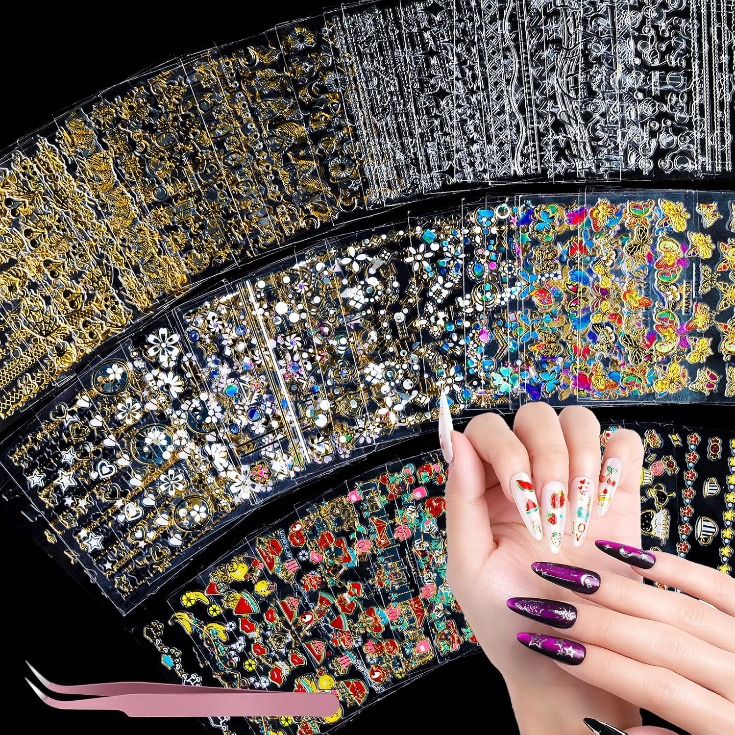 Cute 3D Nail Stickers for Kids and Women - 50 Teenitor 50 Sheets Nail Stickers for Kids, Cute Nail Decals for Girls Women, 3D Self Adhesive Gold Nail Stickers for Nail Art, Star Fruit Butterfly Silver Nail Art Deals for Holiday