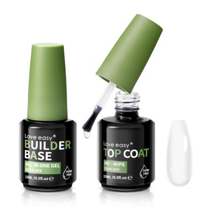 Love easy 6-in-1 Builder Base and Top Coat Set for Nails, Soft Crystal Clear Nail Gel Polish with Brush on, Residue-Free High Glass Long Lasting Resistant Home DIY Salon Manicure (U V Cure)